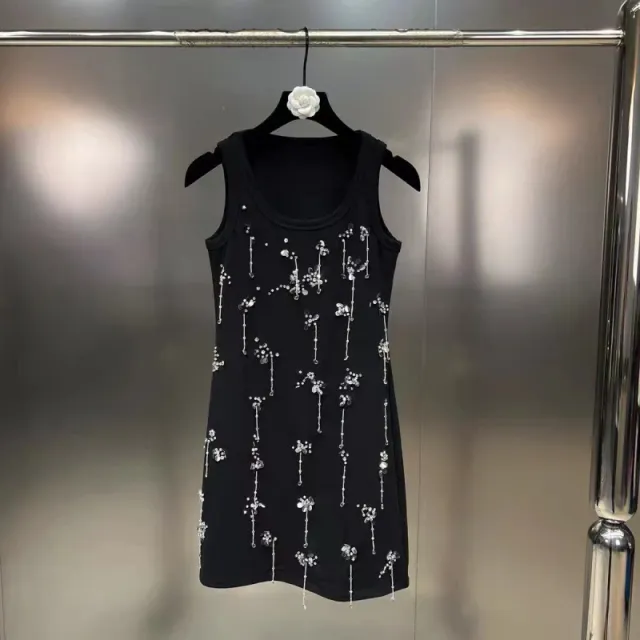 Scoop Sleeveless Diamond Nail Beads Sequins Heavy Industry Gold Style Vest Black Long - Shop at LoveMi