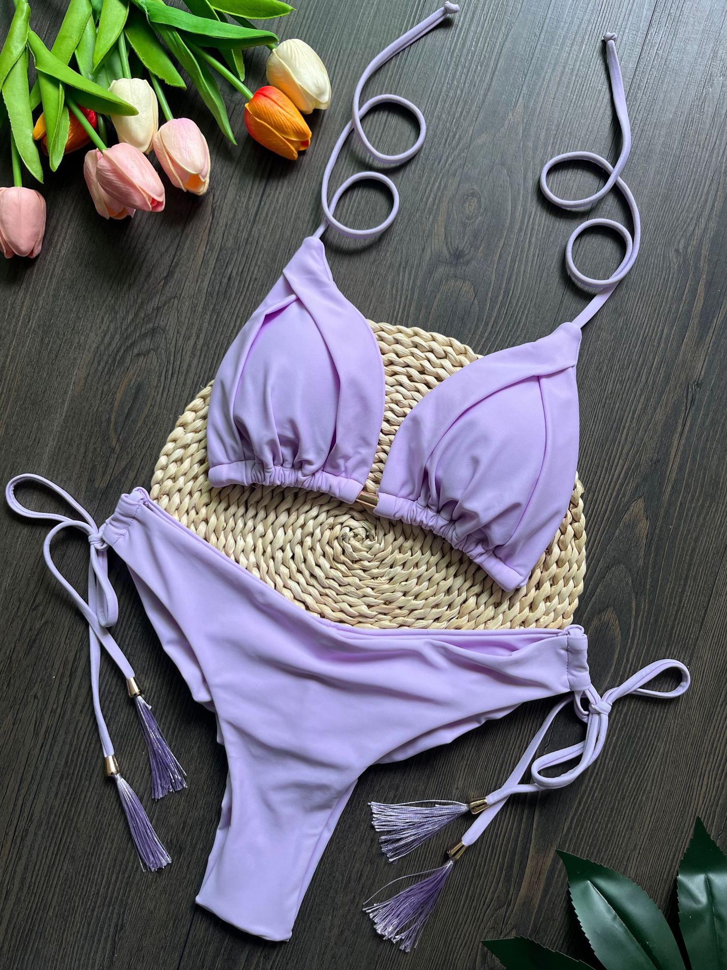 Tassel Pure Color Bikini Swimsuit Set