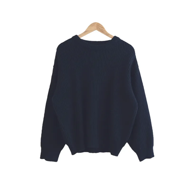 Solid Color Lazy And Loose Thick Needle Pullover - Navy Blue