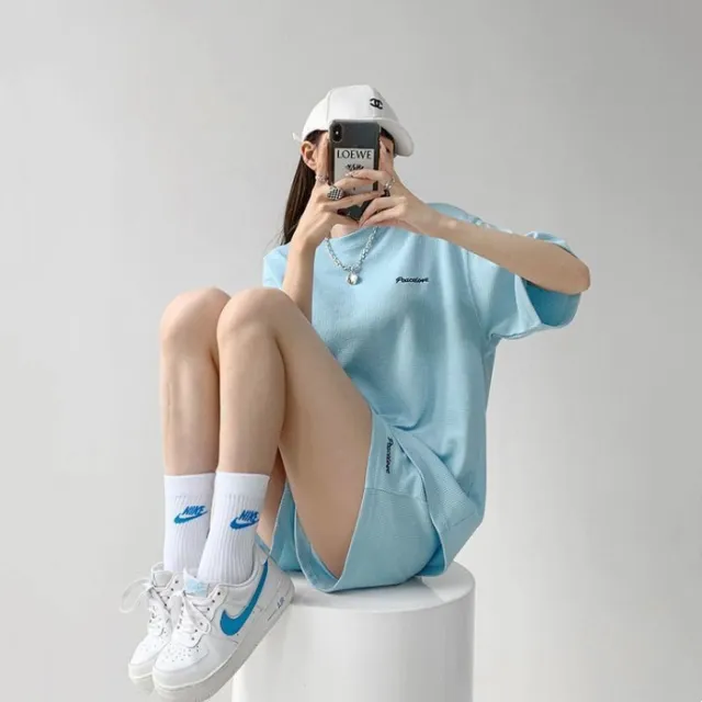 Stylish Loose fitting Figure flattering Short sleeve T shirt And Shorts Two piece Set Blue - Shop at LoveMi