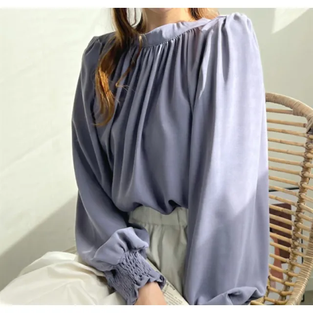 Spring And Summer High neck Puff Sleeve Chiffon Shirt Violet - Shop at LoveMi