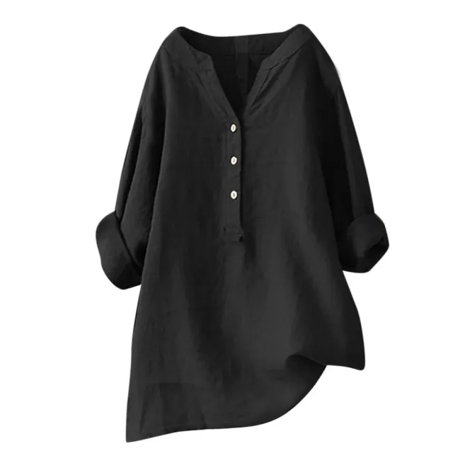 Loose Solid Color Stand Collar Button Long Sleeve Cotton And Linen Top Black - Shop at LoveMi
