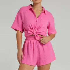 Women's Casual Loose Solid Colour Shorts Shirt Two-piece Suit - Rose - View 1