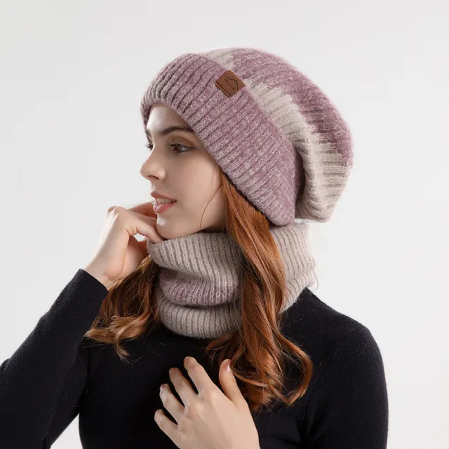 Knitted Hat Suit With Scarf Winter Two color Hat And Thick Warm Earflaps Wool Scarf Pink - Shop at LoveMi