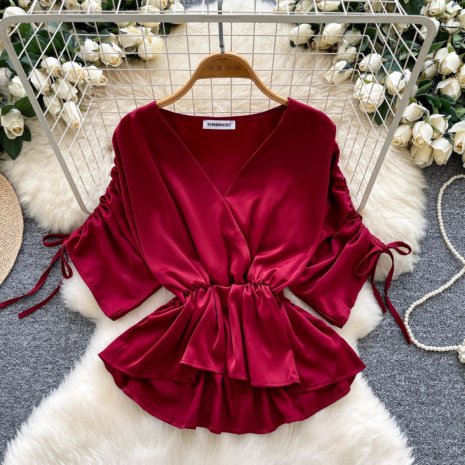 Women's Versatile Drawstring Short-sleeve Waist-cinching Satin Blouse