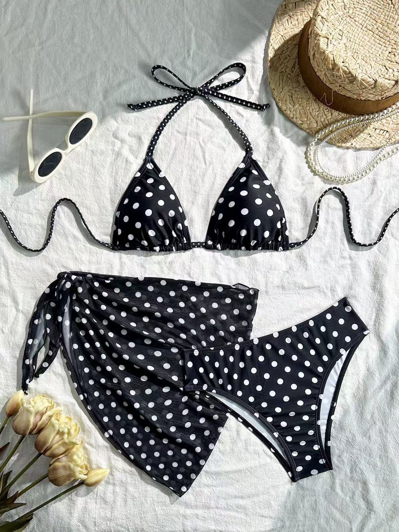 Polka-dot Halter Bikini Three-piece Set, Vintage Style 6