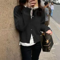 Fashion Round Neck Knitted Cardigan Loose-fitting Outerwear Sweater Coat - Black - View 1