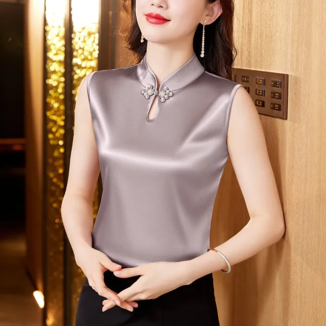 Retro National Style Buckle Inner Wear Outer Wear Bottoming Shirt Top Gray - Shop at LoveMi