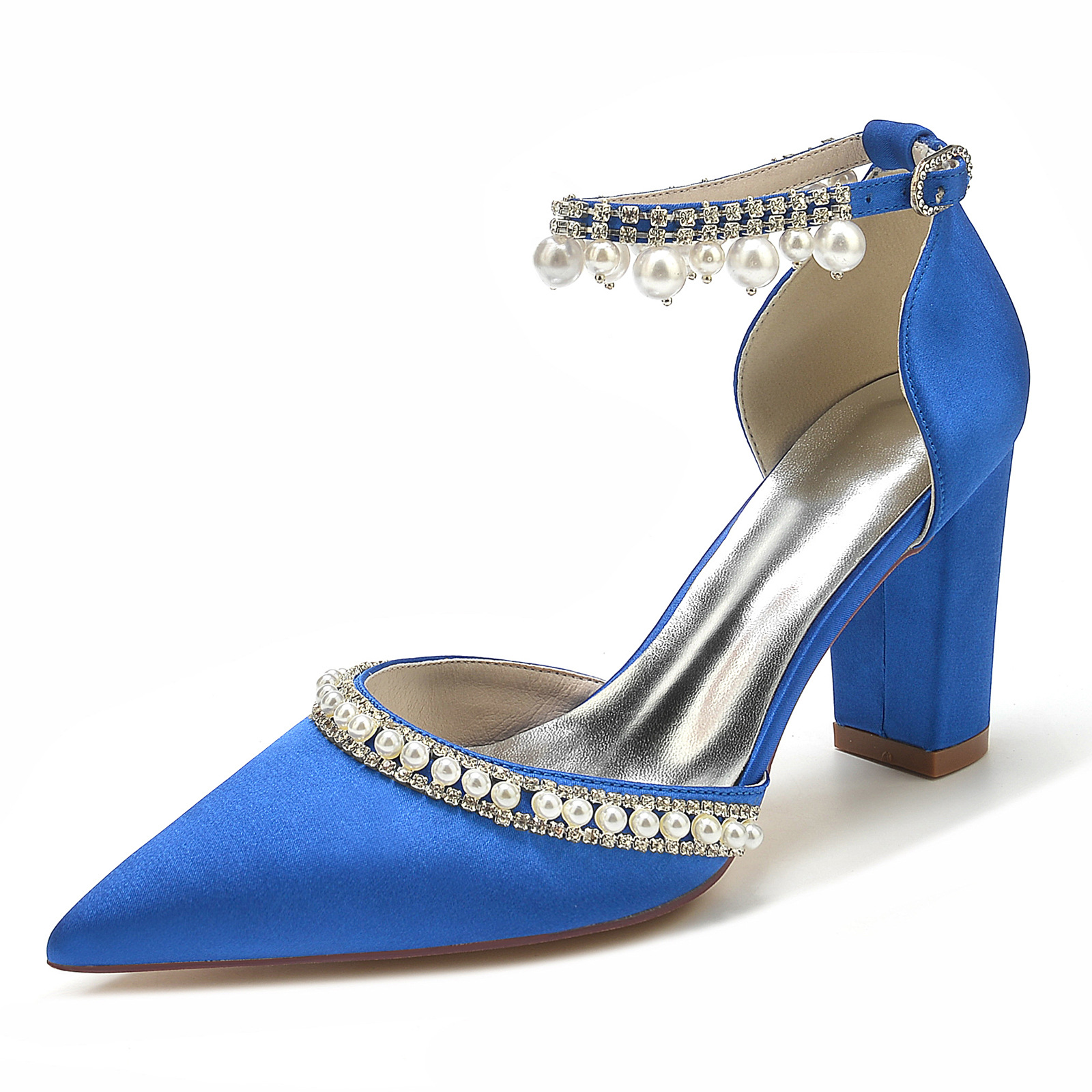 Title 8, Satijnen pumps met spitse neus, blokhak, strass...