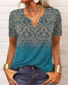Women's Loose Long-sleeved Floral V-neck Short-sleeved T-shirt Bottoming Shirt - Pattern 2 - View 1