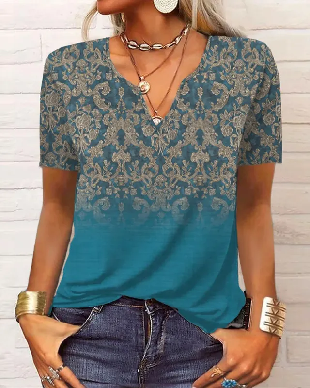 Women's Loose Long sleeved Floral V neck Short sleeved T shirt Bottoming Shirt Pattern 2 - Shop at LoveMi