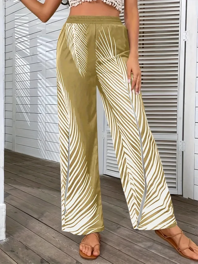 Fashion Elegant Striped Leaf Positioning Printed Wide leg Pants Women Khaki - Shop at LoveMi