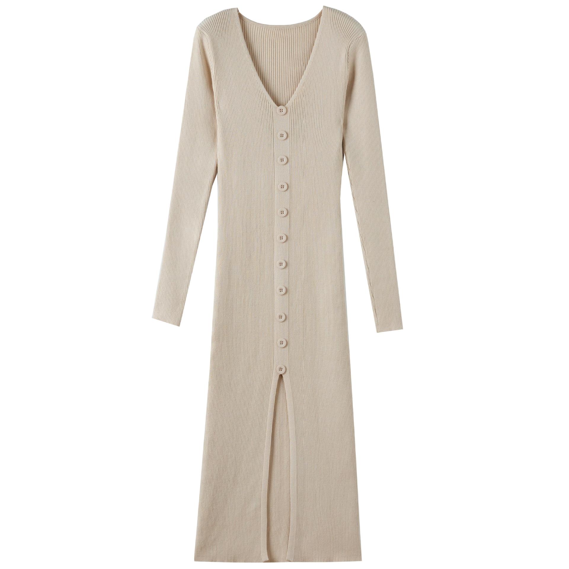 V neck Knitted Dress Slim Slimming Temperament Single breasted Hip wrapped Mid length Dress Beige - Shop at LoveMi