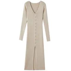 V-neck Knitted Dress Slim Slimming Temperament Single-breasted Hip-wrapped Mid-length Dress - Beige - View 1