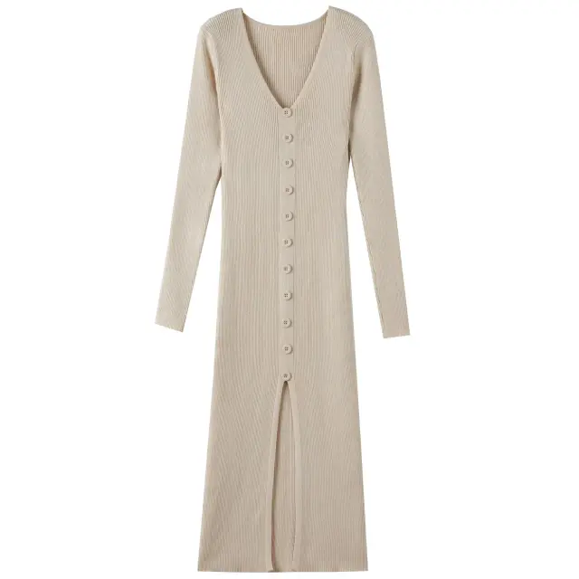 V neck Knitted Dress Slim Slimming Temperament Single breasted Hip wrapped Mid length Dress Beige - Shop at LoveMi