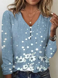 V-neck Starry Sky Tie-dyed Pearl Button T-shirt With Long Sleeves Hoodie - Light Blue - View 1