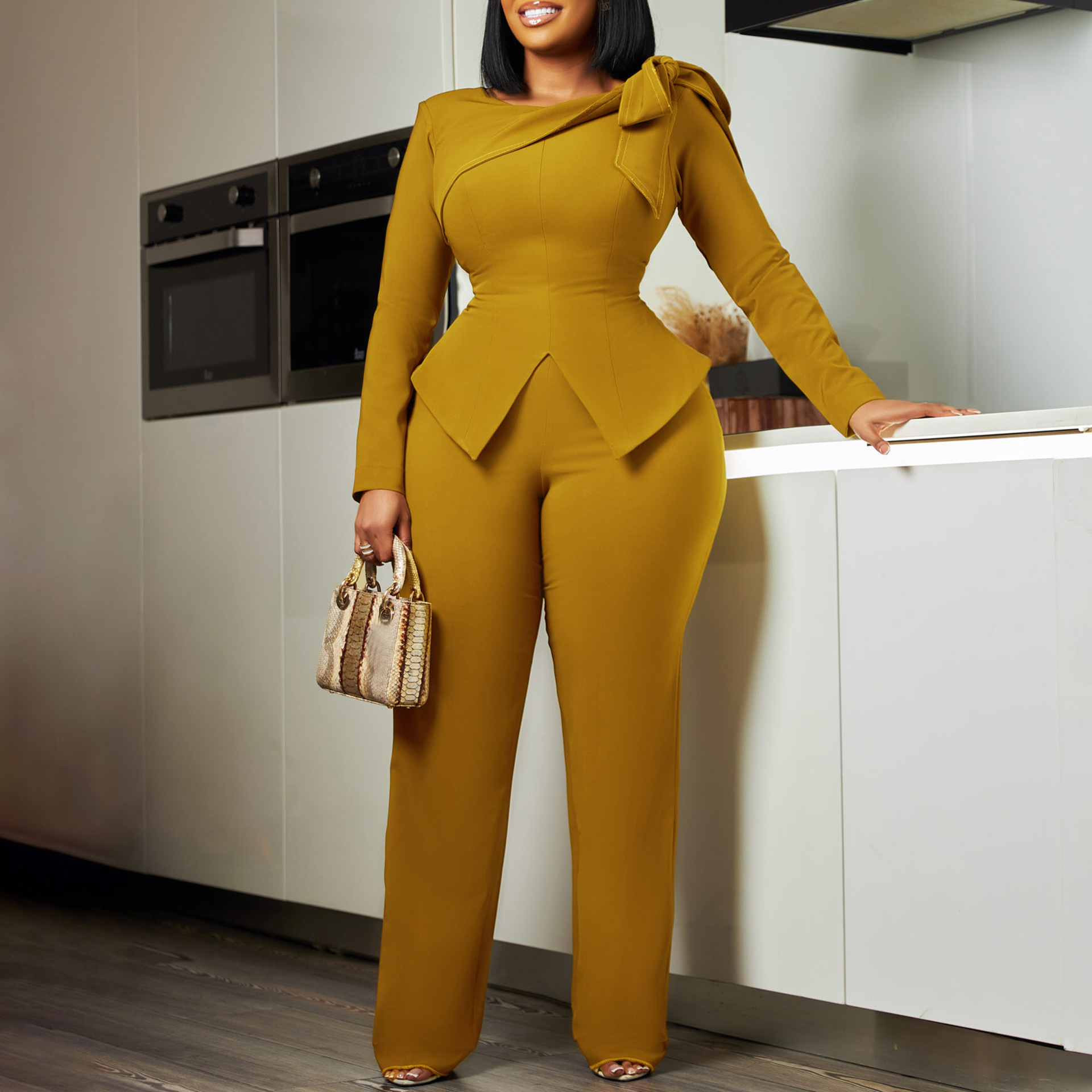 Fashionable Temperament Solid Color Long sleeved Top Pants Suit Khaki - Shop at LoveMi