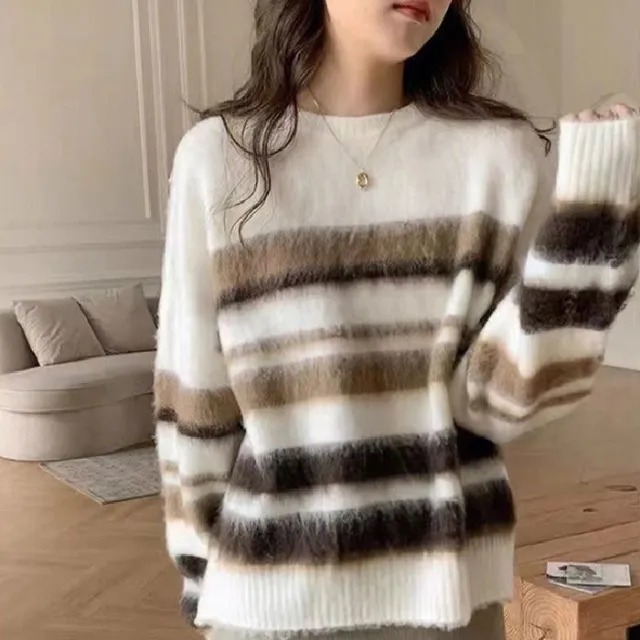 Idle Style Loose Soft Glutinous Striped Sweater For Women Khaki - Shop at LoveMi