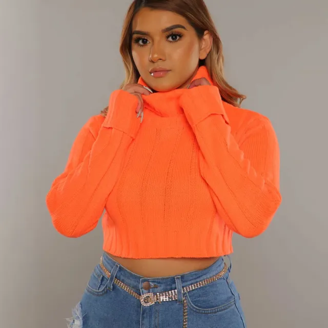 Women's Knitted Turtleneck Long Sleeve Top Short Orange - Shop at LoveMi
