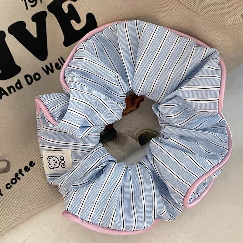 Cream-colored Contrast-striped Hair Accessory With A Sweet Little Bear Designa Chic Scrunchie