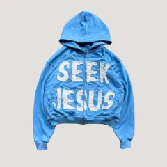 European And American Style Letter Printed Hoodie Zipper Cardigan Loose Hip Hop Sweater - Blue - View 1