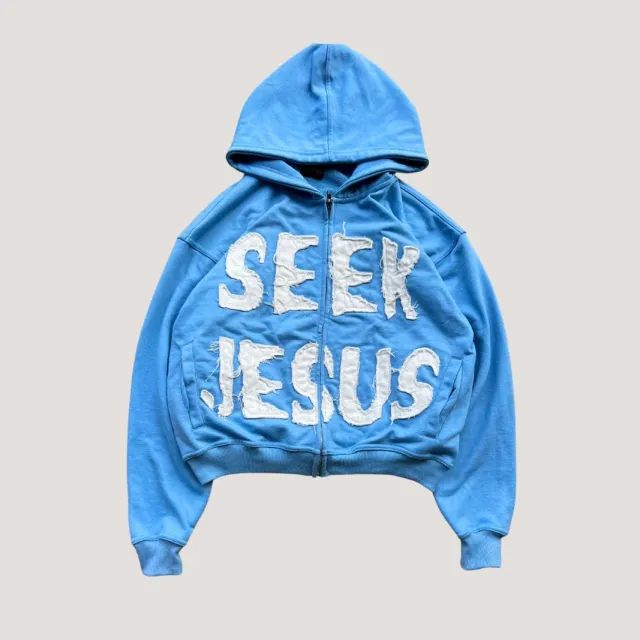European And American Style Letter Printed Hoodie Zipper Cardigan Loose Hip Hop Sweater Blue - Shop at LoveMi
