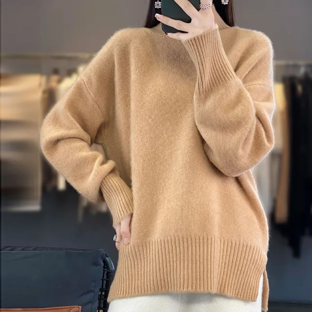 High Collar Drop shoulder Sleeve Split Thick Sweater Women Camel Colors - Shop at LoveMi