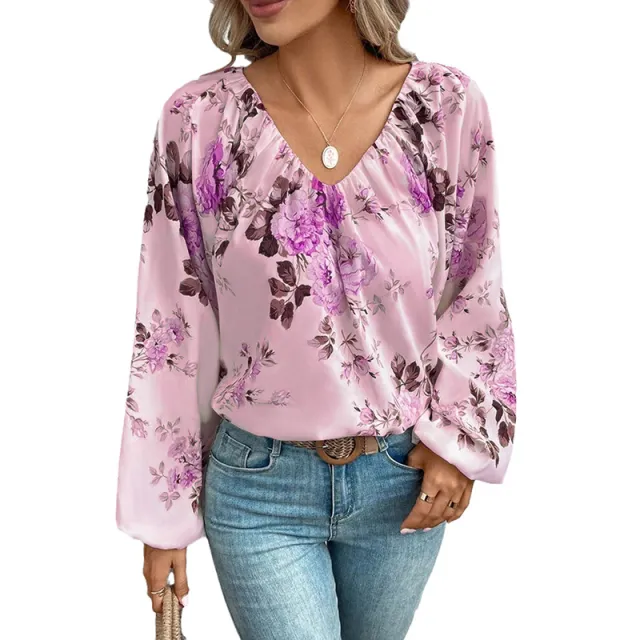 Women's Pullover V neck Long sleeved Chiffon Shirt European And American Top Red - Shop at LoveMi