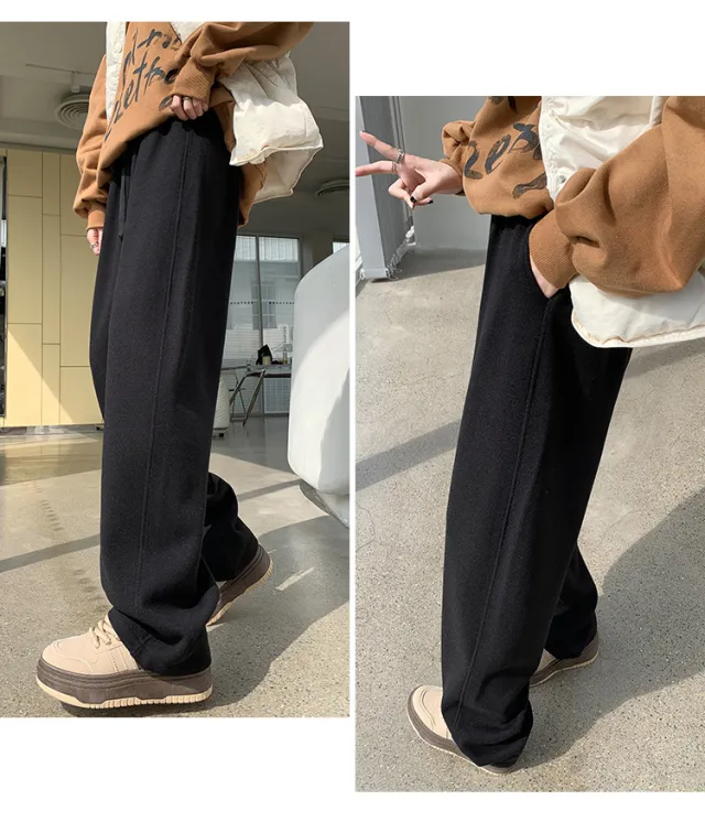 Fleece lined High Waist Matchet Pants Soft Glutinous Leisure Warm Straight Glutinous Rice Pants Black - Shop at LoveMi