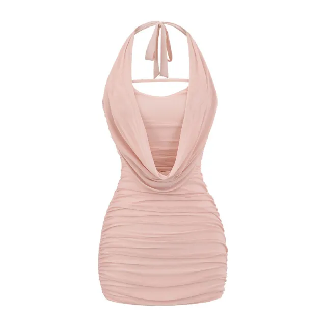 Mesh Halter Spaghetti Straps Dress Women Pink - Shop at LoveMi
