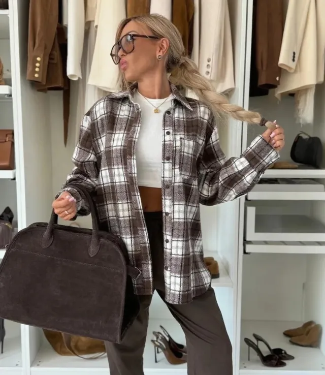 Loose Long Sleeve Casual Plaid Button Shirt For Women Tan - Shop at LoveMi