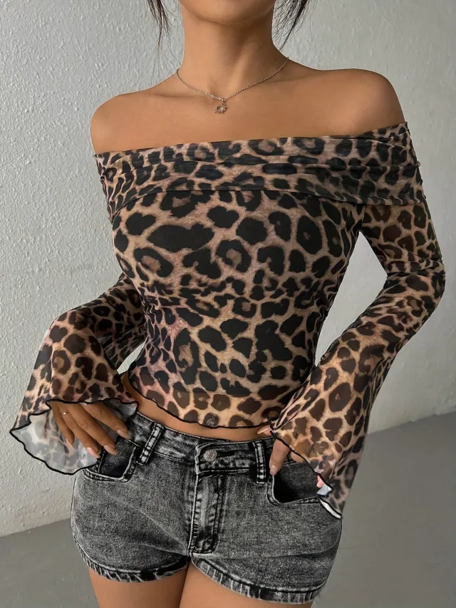 Off shoulder Long Sleeve Leopard Print Top Leopard - Shop at LoveMi