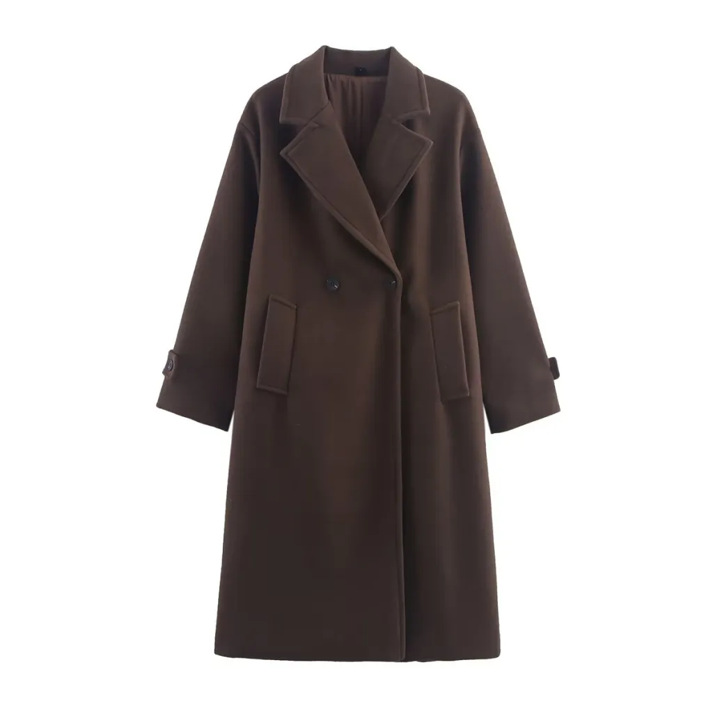 Women's Woolen Wide Version Long-cut Coat - Reddish Brown