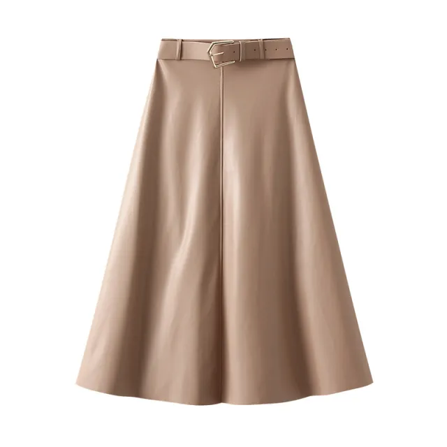 Retro Patchwork Pu Autumn High Waist Big Swing Skirt With Belt Khaki - Shop at LoveMi