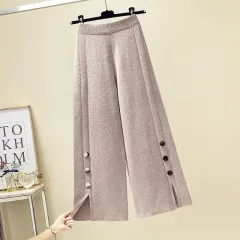 High Waist Design Sense Bootcut Pants Loose Slimming And Wide Leg Slit Knitted Women's Casual Trousers - Oats - View 1
