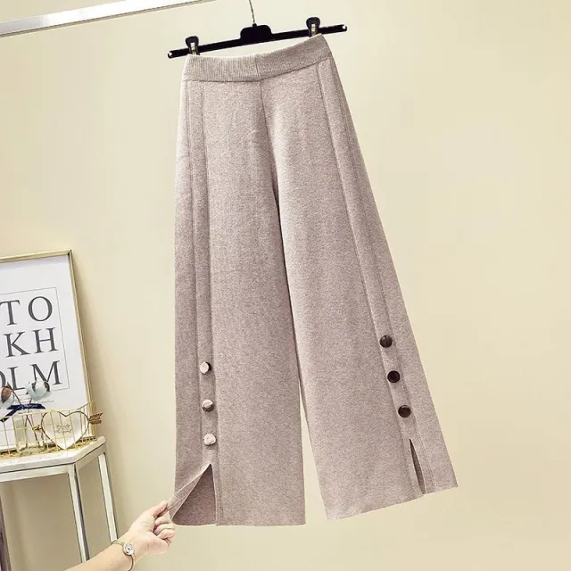 High Waist Design Sense Bootcut Pants Loose Slimming And Wide Leg Slit Knitted Women's Casual Trousers Oats - Shop at LoveMi