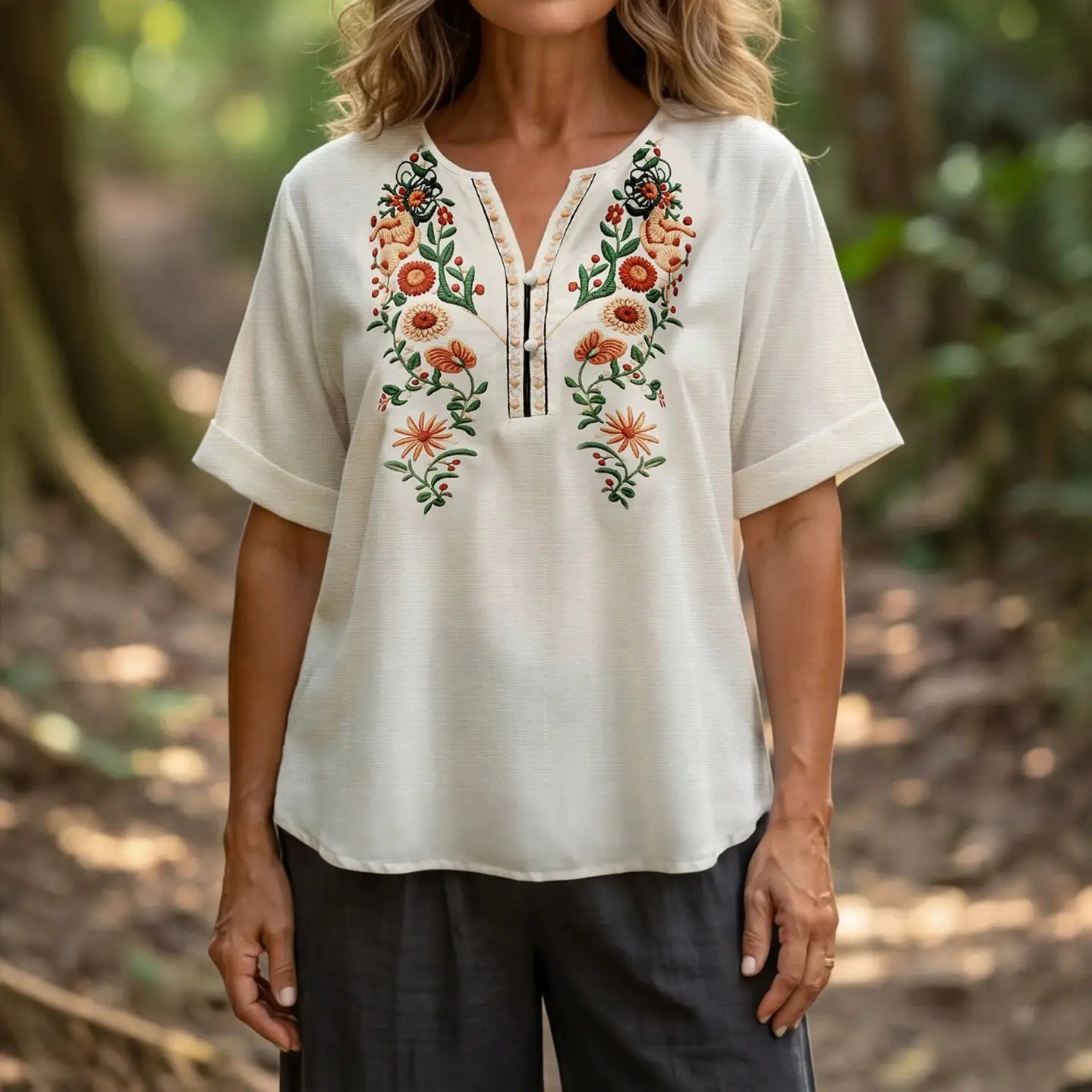 Vintage Floral Embroidered V-Neck Top