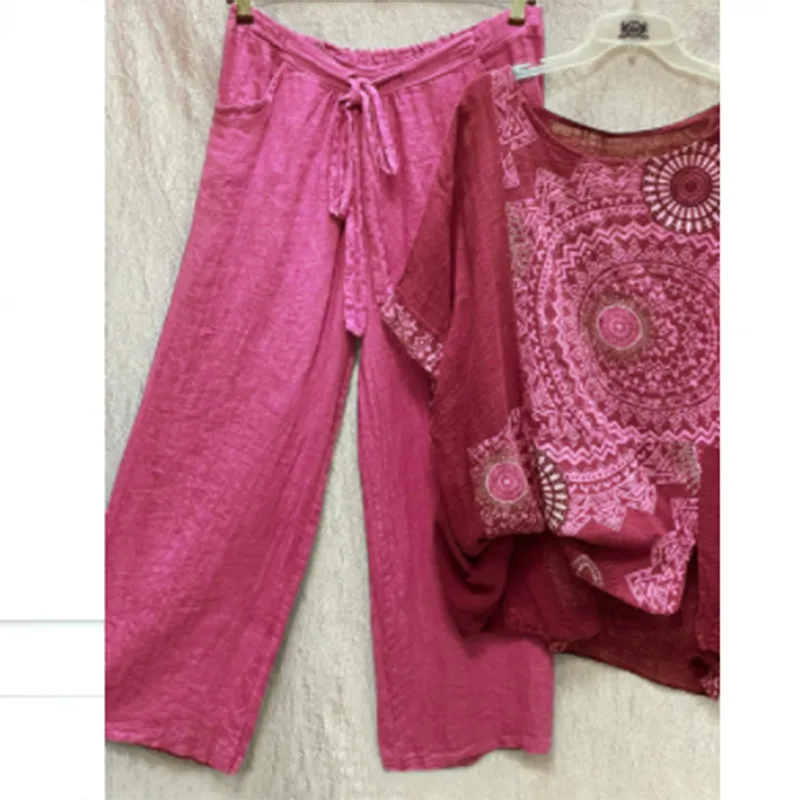 Women's Printed Round Neck Short-sleeved Top Straight-leg Pants Two-piece Set - Red