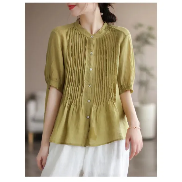 Middle aged Artistic Retro Women's Cotton And Linen Short sleeved Shirt Yellow - Shop at LoveMi