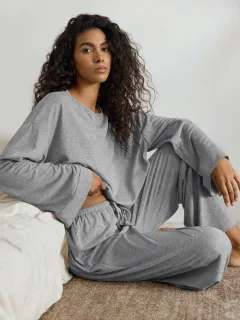Women's Batwing Sleeve Top And Trousers Lazy Casual Homewear Suit - Light Gray - View 1