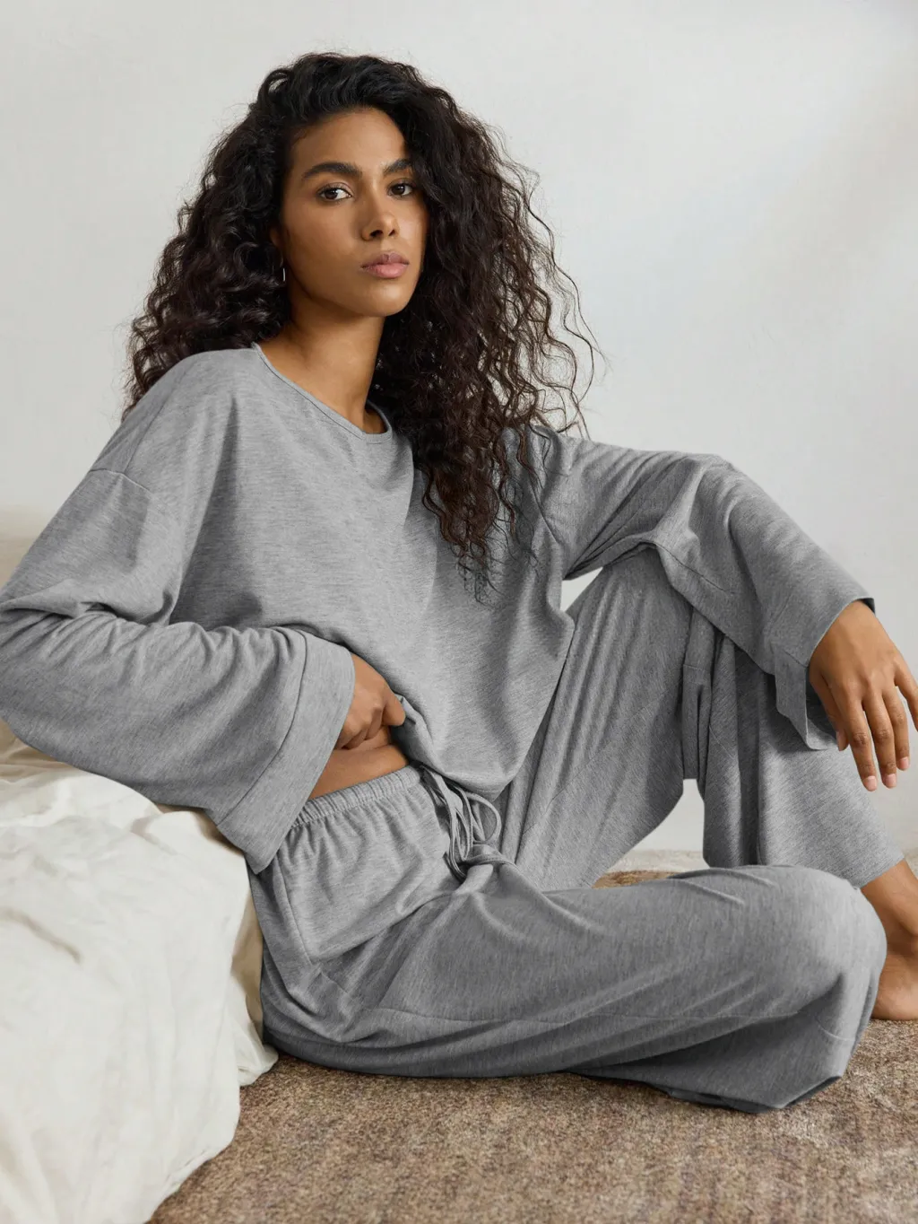 Women's Batwing Sleeve Top And Trousers Lazy Casual Homewear Suit - Light Gray