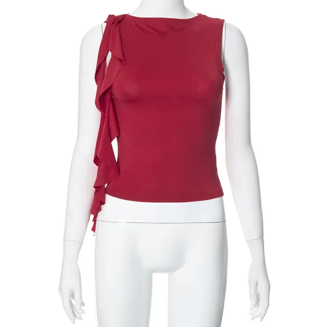 Solid color Sleeveless Ruffled Fringed Tank Top Red - Shop at LoveMi