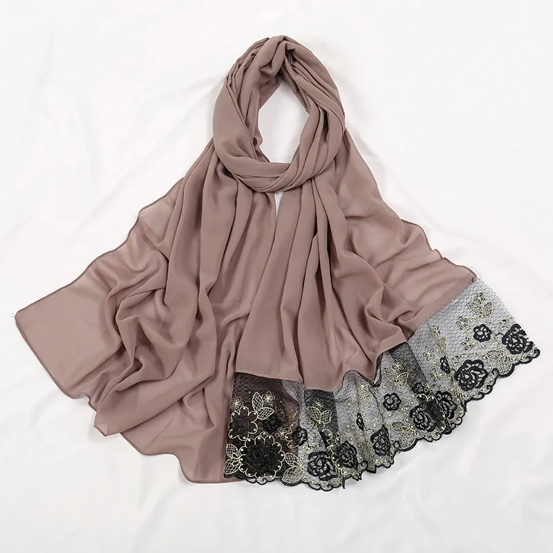 Flower Lace Pearl Chiffon Scarf - 5 Khaki