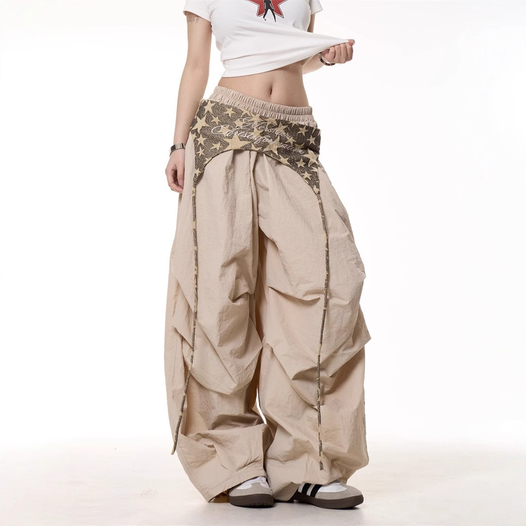 Womens Relaxed Casual American-style Layered Design Cargo Pants With Tie Details