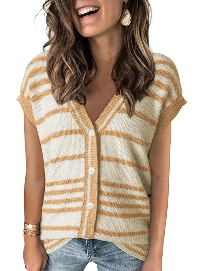 Striped Color Contrast Short Top T shirt Women's Thin Khaki - Shop at LoveMi