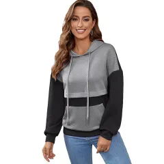 Winter Contrast Colour Patchwork Hoodie Women's Loose Shoulder Pullover Top - Grey - View 1