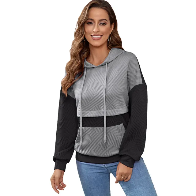 Winter Contrast Color Patchwork Hoodie Women's Loose Shoulder Pullover Top Gray - Shop at LoveMi
