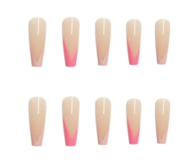 French European And American Long Ballet Fake Nails W018 Pink French Glue - Shop at LoveMi