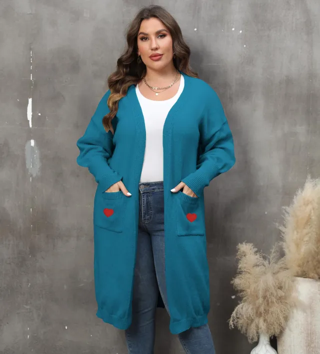 Women's Plus Size Mid length Woven Love Double Pocket Lantern Sleeve Sweater Cardigan Peacock Blue - Shop at LoveMi