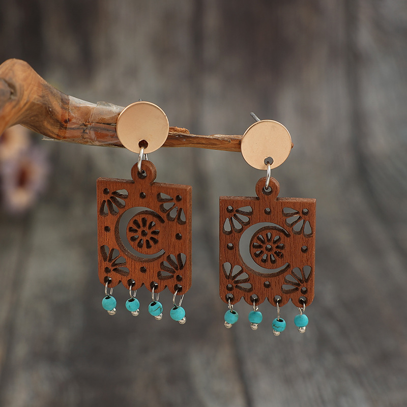 Geometric Hollow Wooden Earrings Turquoise Tassel Retro